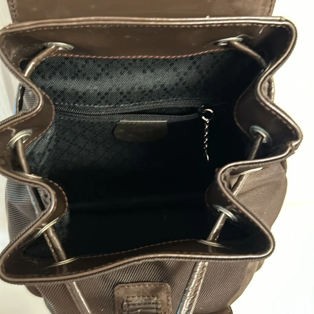 Vintage Gucci Brown Backpack Bamboo Handle Nylon Leather Adjustable Straps